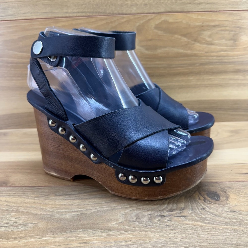 Rag & Bone Hester Wooden Wedge Sandals 6.5 EU 36.5 Navy Blue Leather Ankle Strap